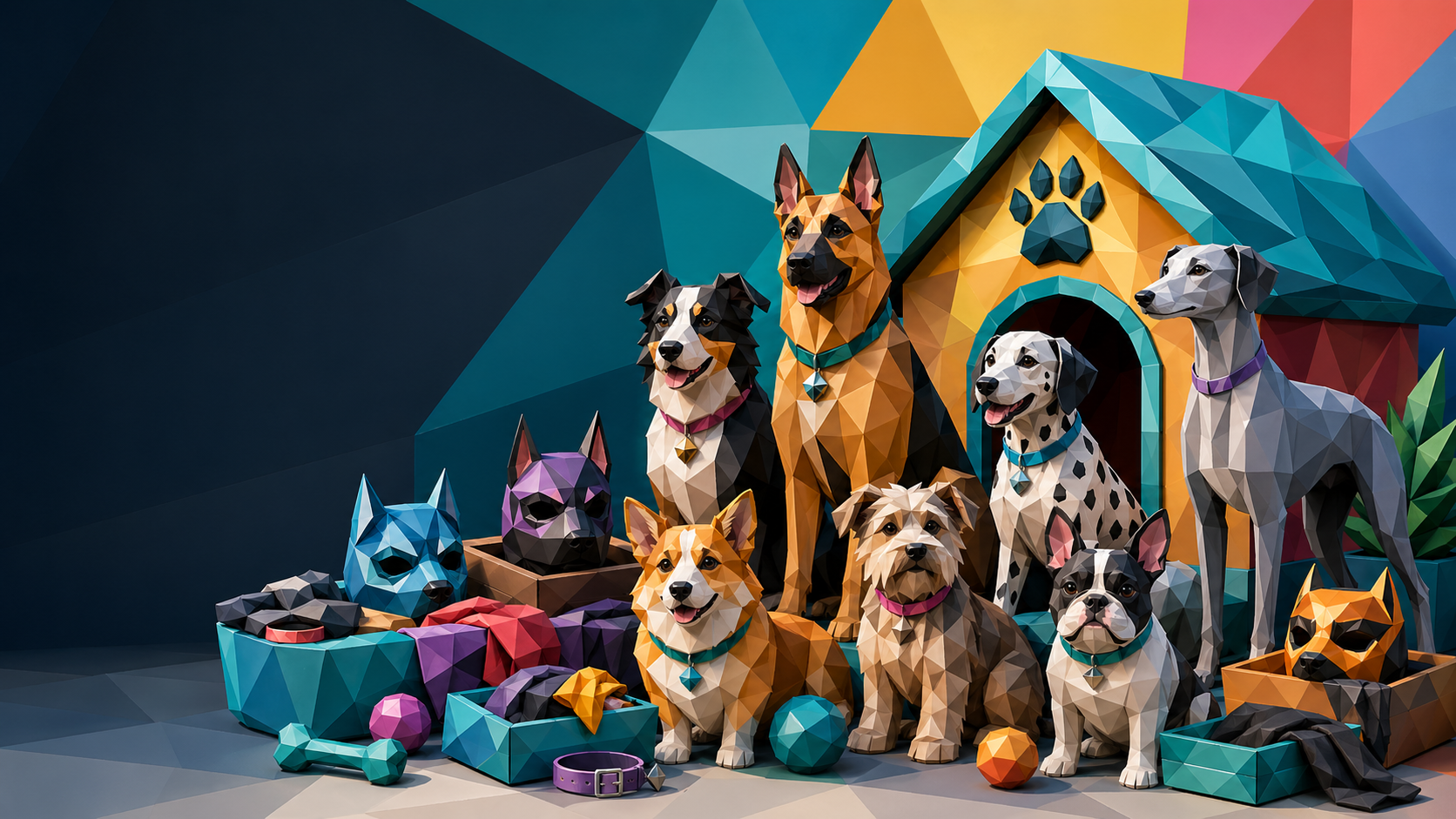 Colorful low-poly dogs gathered around donated pup hoods and a faceted doghouse.
