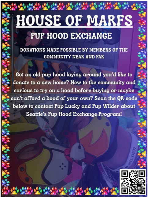 House of Marfs Pup Hood Exchange poster artwork by Pup Tadashi with a QR code linking to houseofmarfs.org